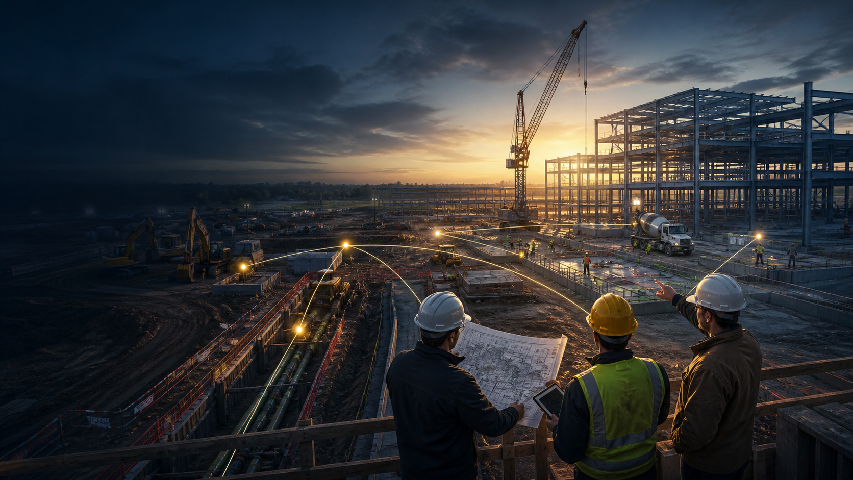 Large commercial and infrastructure construction project with multiple coordinated trades and project representatives reviewing plans.
